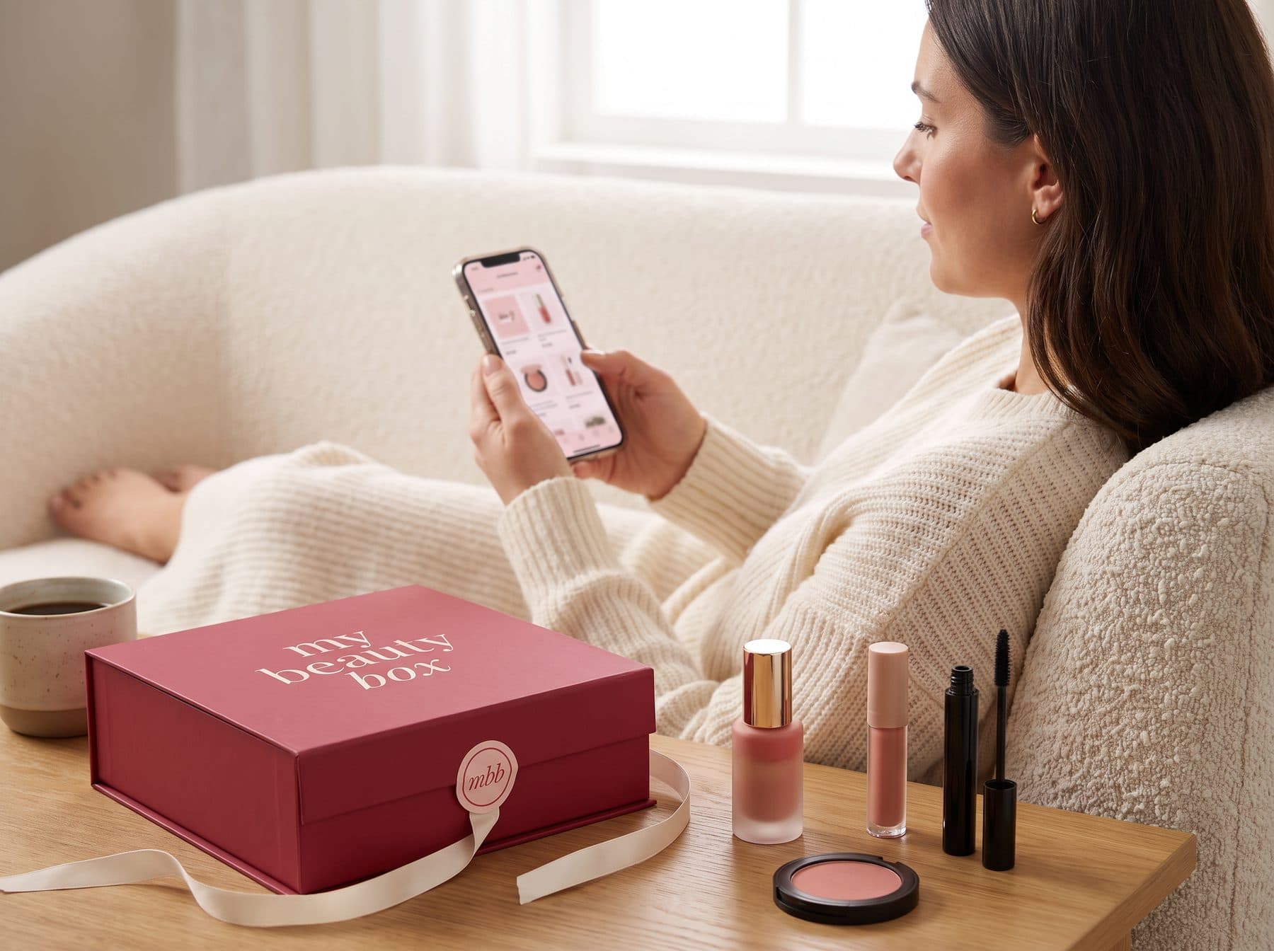 Une cliente compose sa box sur son téléphone